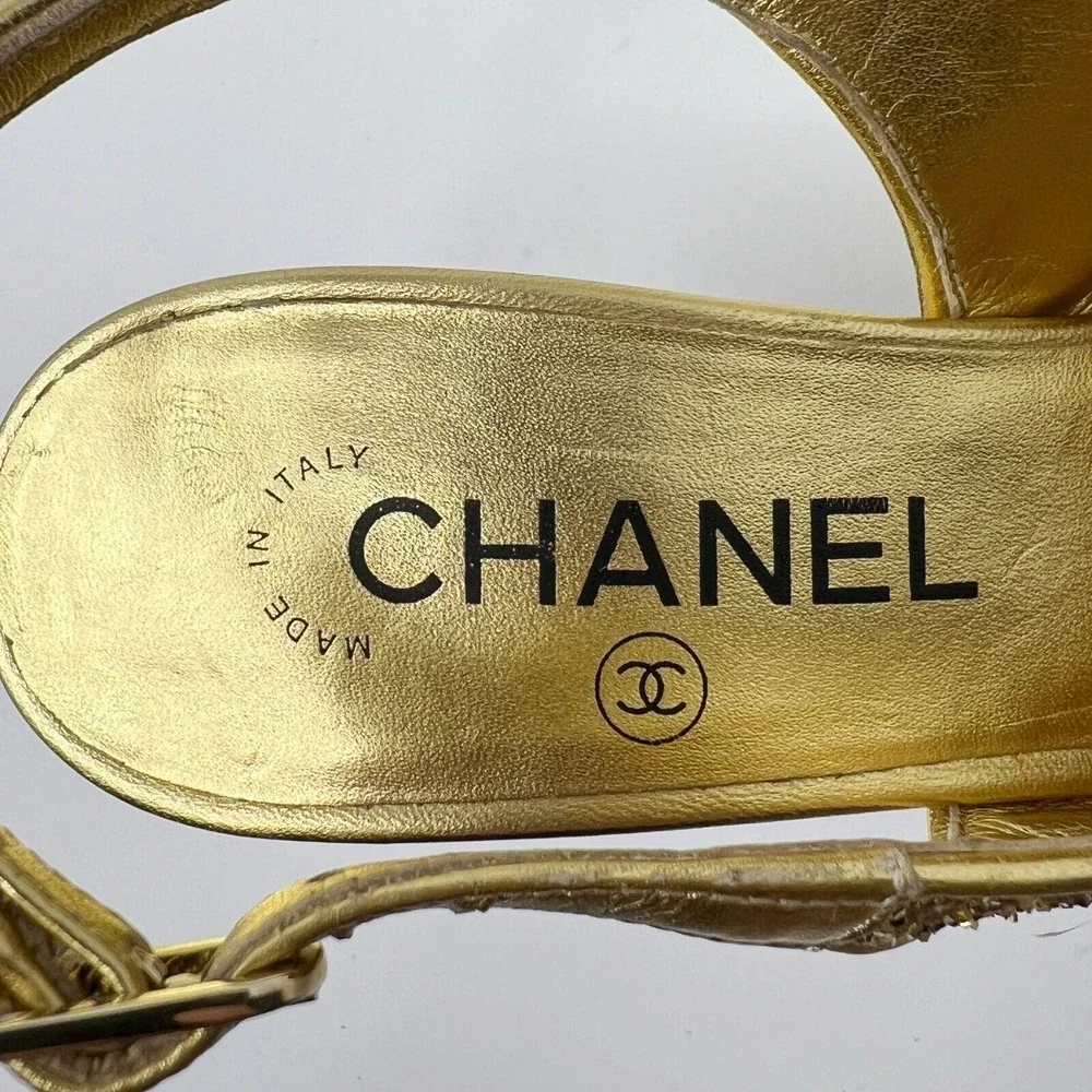 Chanel Gold Glitter‎ Cap Toe Slingback Heels Platform 38